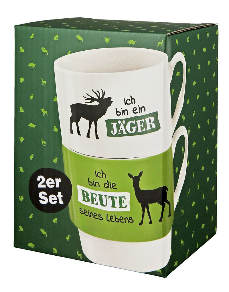 Jagd - 6x 2tlg. Set Stapeltassen, Weiß/Grün, "Ich bin ein Jäger" + "Ich bin die Beute seines Lebens", Knochenporzellan, 330 ml
