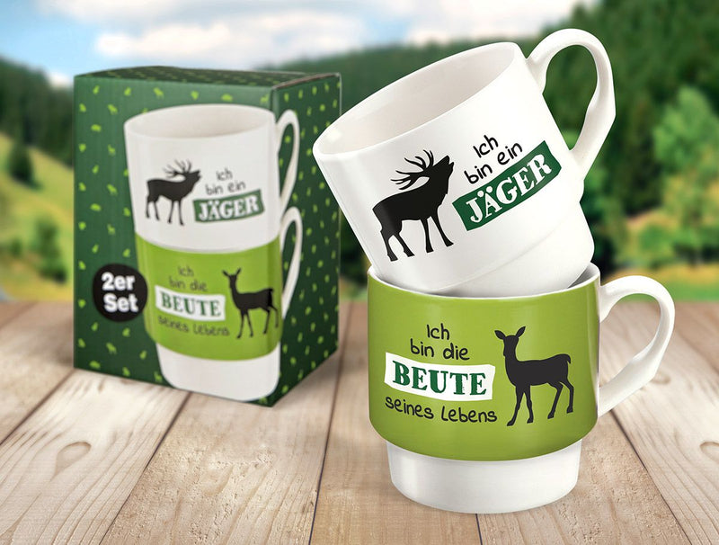 Jagd - 6x 2tlg. Set Stapeltassen, Weiß/Grün, "Ich bin ein Jäger" + "Ich bin die Beute seines Lebens", Knochenporzellan, 330 ml