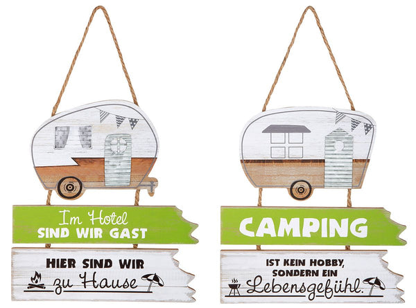 Set van 2 MDF-aanhangers Kamperen In het hotel zijn we gasten - hier zijn we thuis" / "Kamperen is geen hobby, maar een manier van leven"