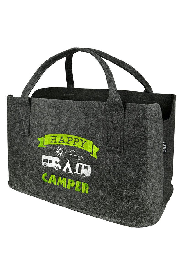 Set van 2 vilten boodschappentassen Happy Camper, zwart, donkergrijs en lichtgroen, met een geborduurd motief