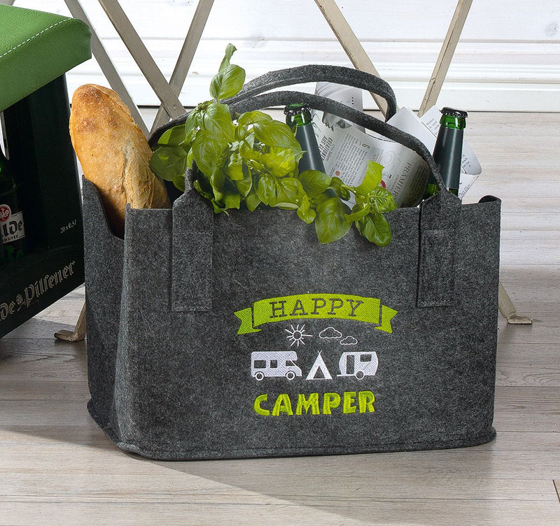 Set van 2 vilten boodschappentassen Happy Camper, zwart, donkergrijs en lichtgroen, met een geborduurd motief