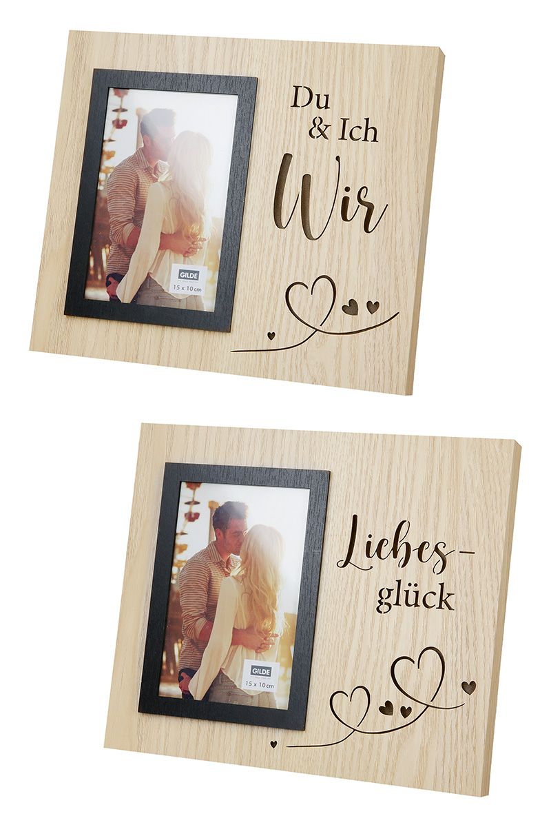 LED Fotorahmen "Liebesglück" und "Du & Ich - Wir" naturfarben mit eingeschnitzten Sprüchen und LED-Beleuchtung - ideal als Geschenk für Verliebte und Paare