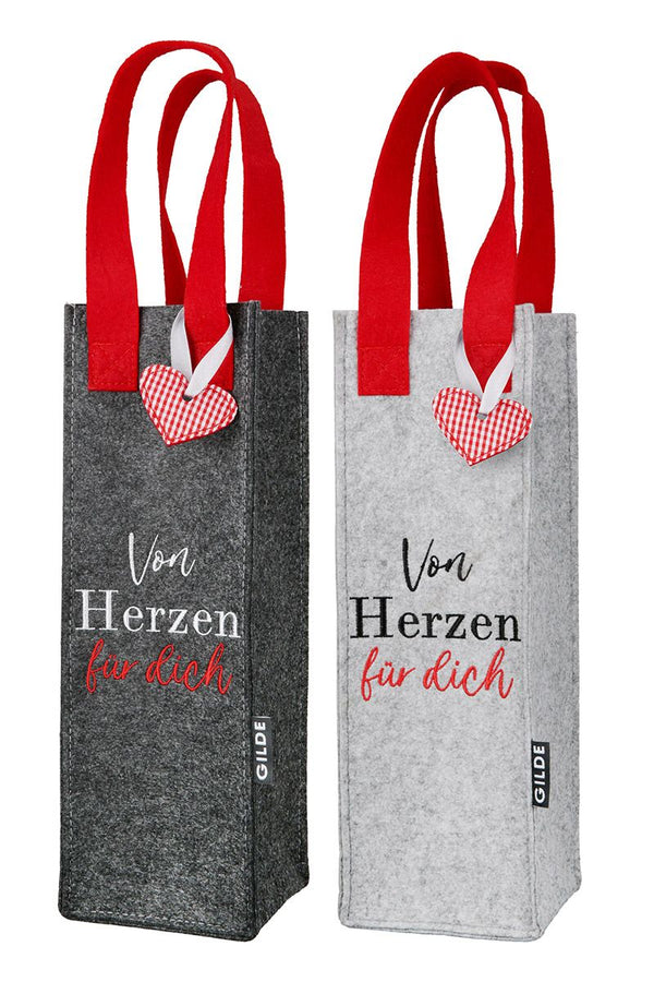 2er Set Flaschentasche Filz – Von Herzen für dich – Geschenkverpackung