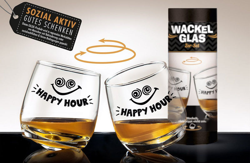 2er Set Wackelglas "Happy Hour" - lustige Geschenkidee für Party-Liebhaber, handgefertigt von Menschen mit Behinderung