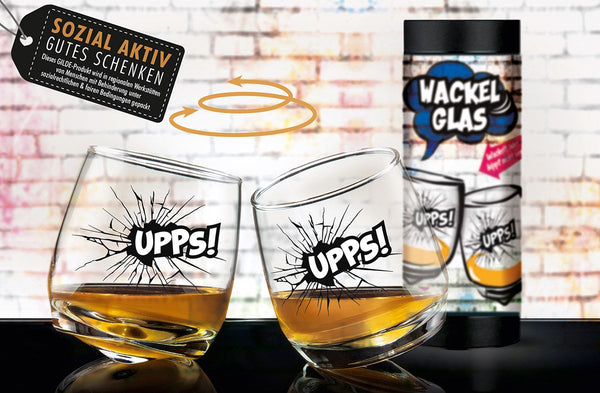 Set van 2 wiebelglazen "UPPS!" - Grappig en origineel cadeau van regionale werkplaatsen met een sociale achtergrond