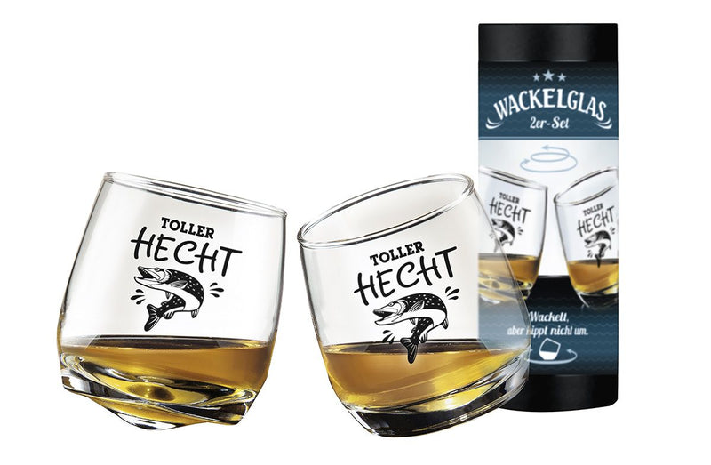 Set of 2 wobbly glasses "great pike" - original gift idea for anglers and friends - including cylinder box and banderole - socially active good gifts