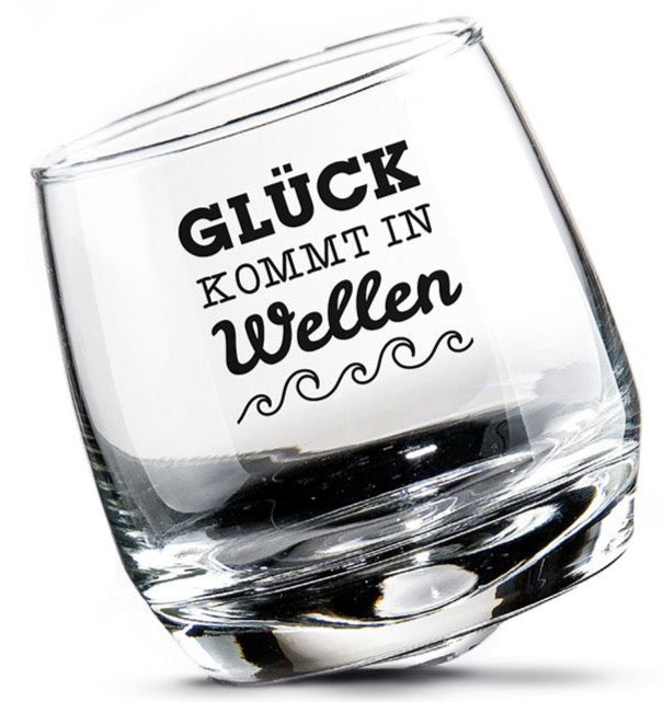 Geluk komt in golven - grappige set van 2 wiebelglazen in een cilinderdoos - geschenkartikel