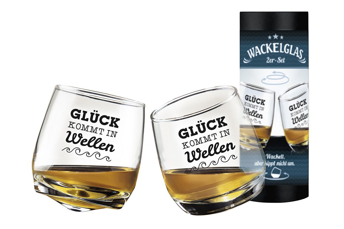 Glück kommt in Wellen - Lustiges 2er Set Wackelgläser in Zylinderbox - Geschenkartikel