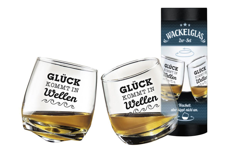 Geluk komt in golven - grappige set van 2 wiebelglazen in een cilinderdoos - geschenkartikel