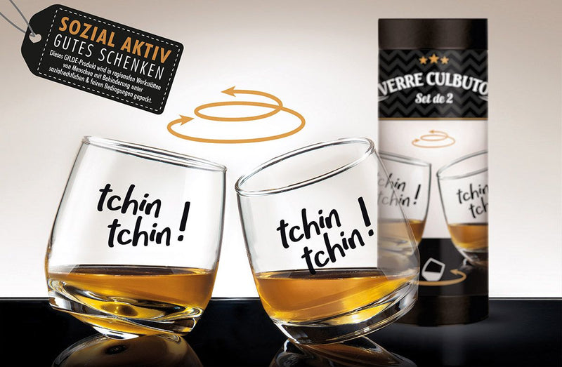 Set of 2 wobbly glasses "tchin tchin!" - the perfect gift for connoisseurs and party-goers