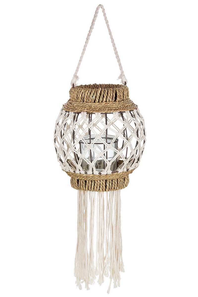 Deko Windlicht "Bossa" mit Makramee-Geflecht und Glaseinsatz