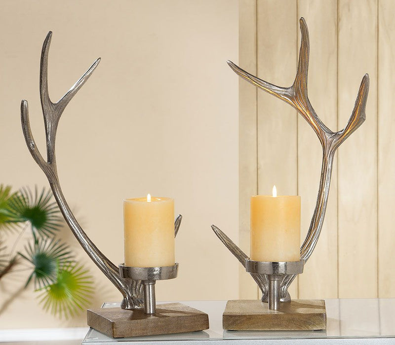 2-teiliges Aluminium Kerzenhalter-Set Geweih in Silberfarben mit Mangoholz – Rustikale Eleganz für Ihr Zuhause