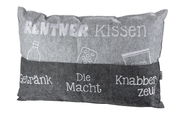 Filz Rentner Kissen hellgrau/dunkelgrau mit bestickten Taschen "Getränk/Die Macht/Knabberzeug" Hülle und Füllung 100% Polyester Geschenkidee