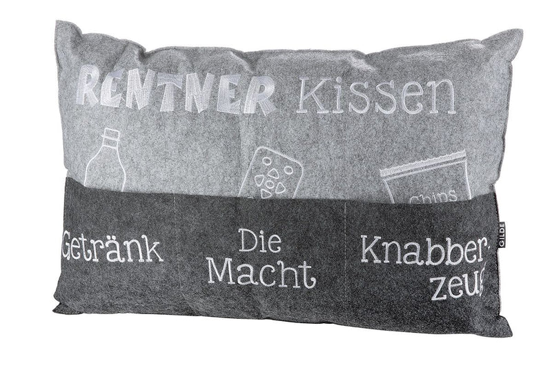 Vilten bejaardenkussen, lichtgrijs/donkergrijs met geborduurde zakken "Drink/The Power/Knibbles" Hoes en vulling 100% polyester Cadeau-idee