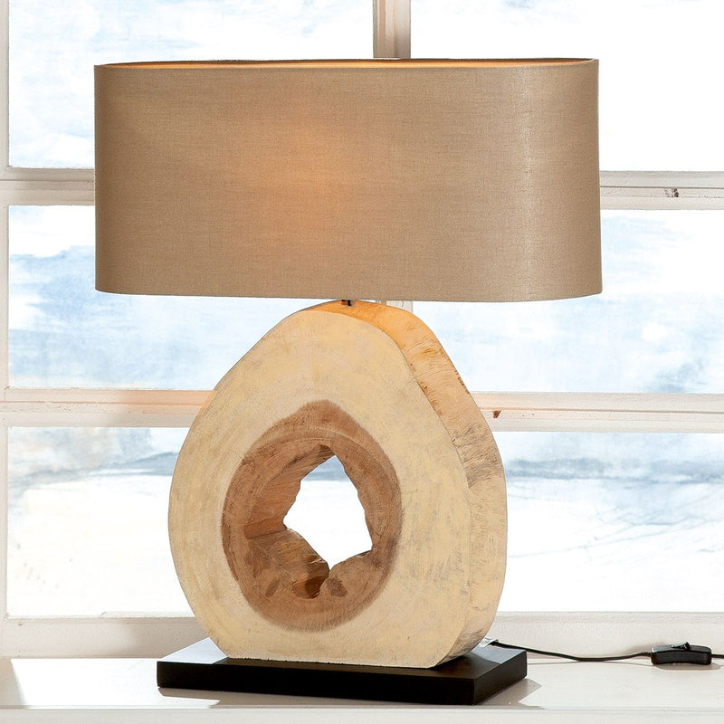 Tischlampe aus Holz Trunk naturfarben auf schwarzer Base Höhe 61cm