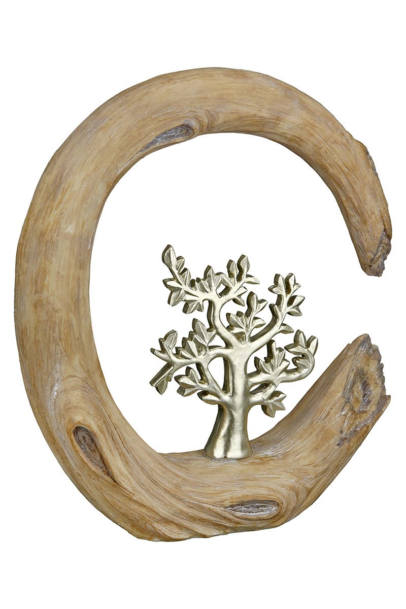 Set van 2 sculpturen boom naturel in houtlook levensboom zilverkleur