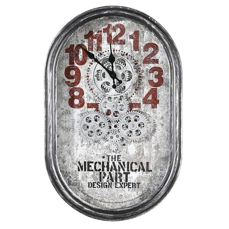 Wanduhr Lodge antik silber/rot Höhe 54cm Antikfinish mit sich bewegenden Zahnrädern