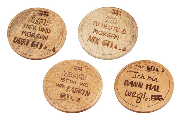 8 stuks Campingonderzetters met spreuken - Set van 4 ronde onderzetters van mangohout voor de perfecte kampeertraktatie