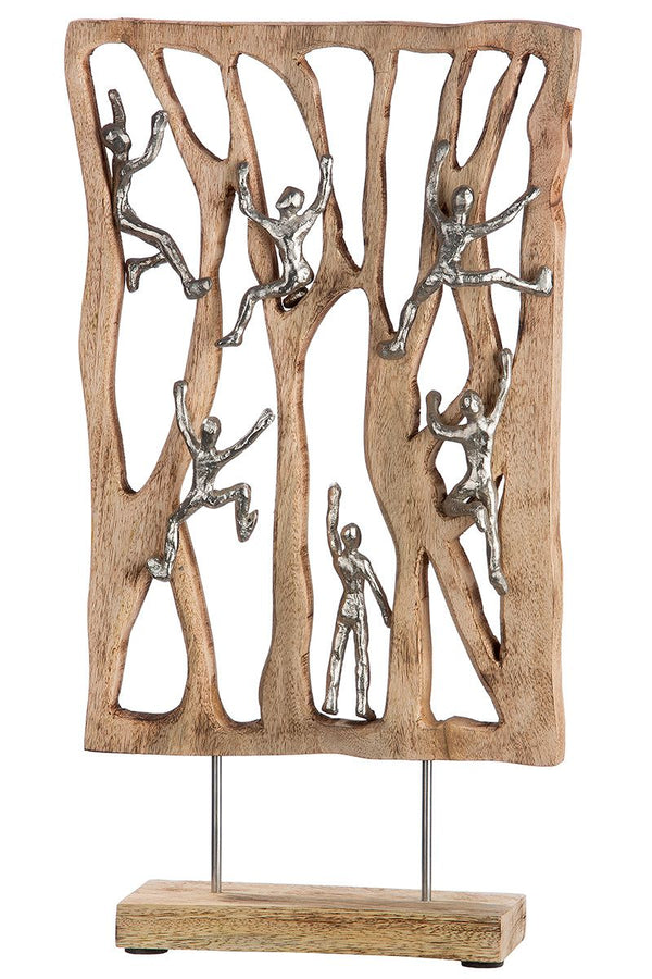 Climbing Wall sculpture made of mango wood with aluminum figures