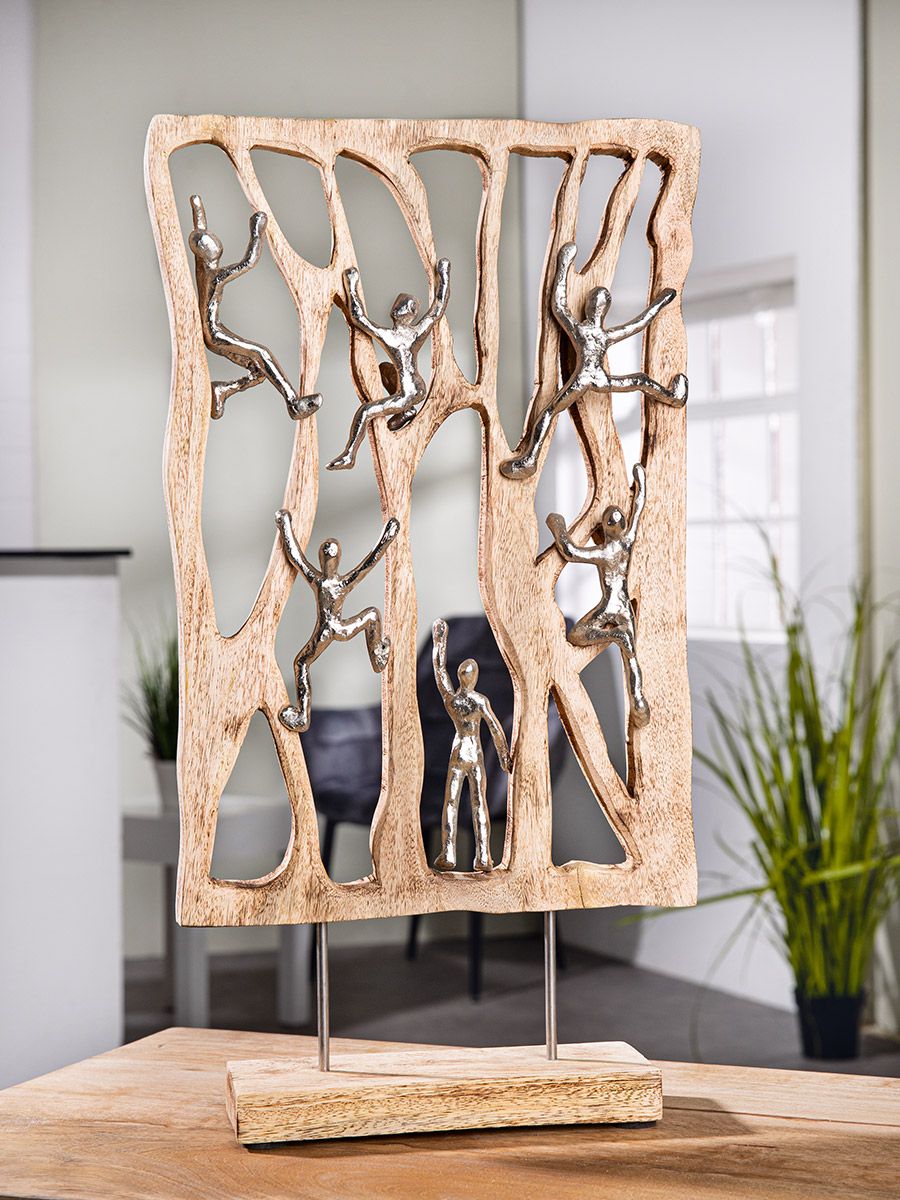 Climbing Wall sculpture made of mango wood with aluminum figures