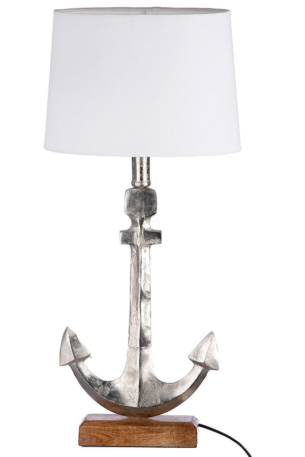 Moderne Tischlampe "Anker" Silberfarbenes Design mit naturfarbener Mangoholz-Base und weißem Schirm