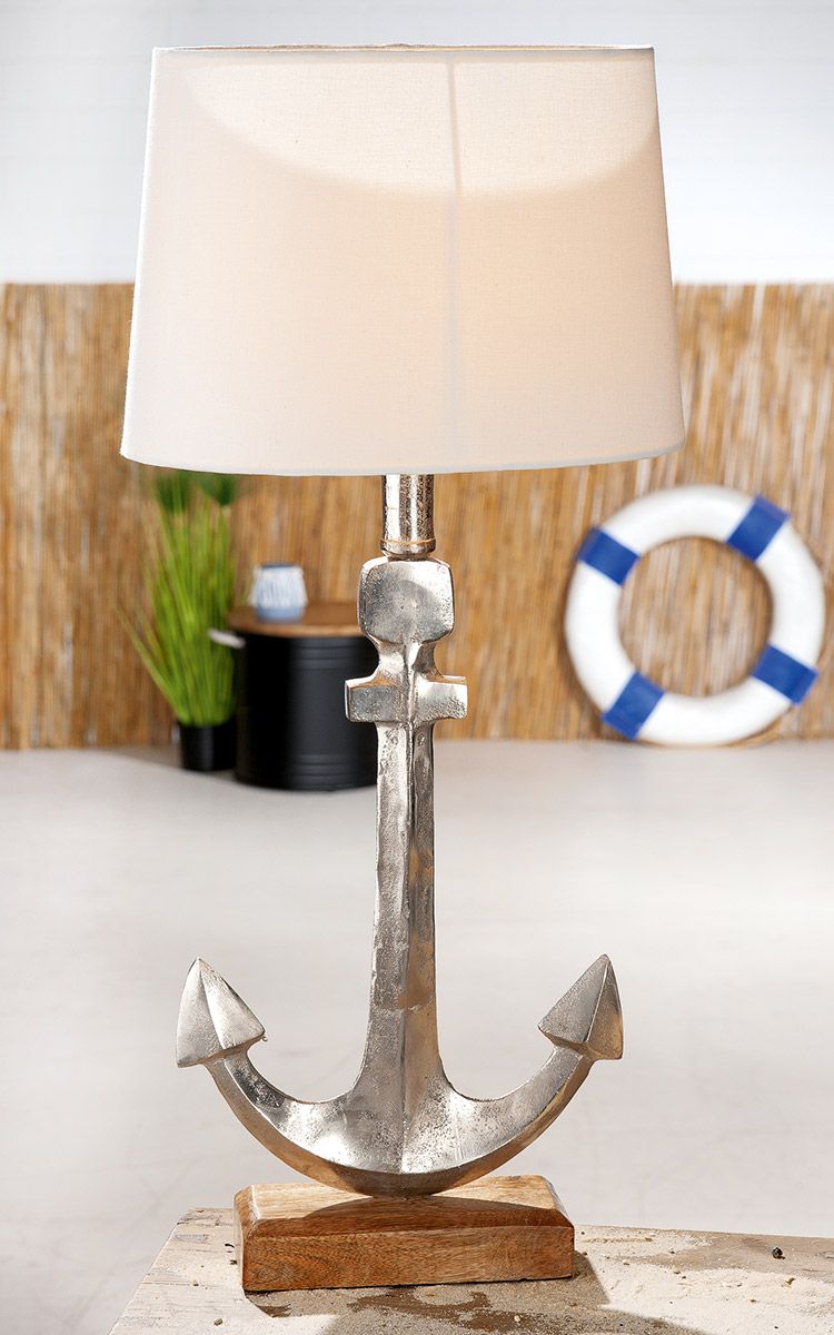 Modern table lamp "Anker" Silver-colored design with natural-colored mango wood base and white shade
