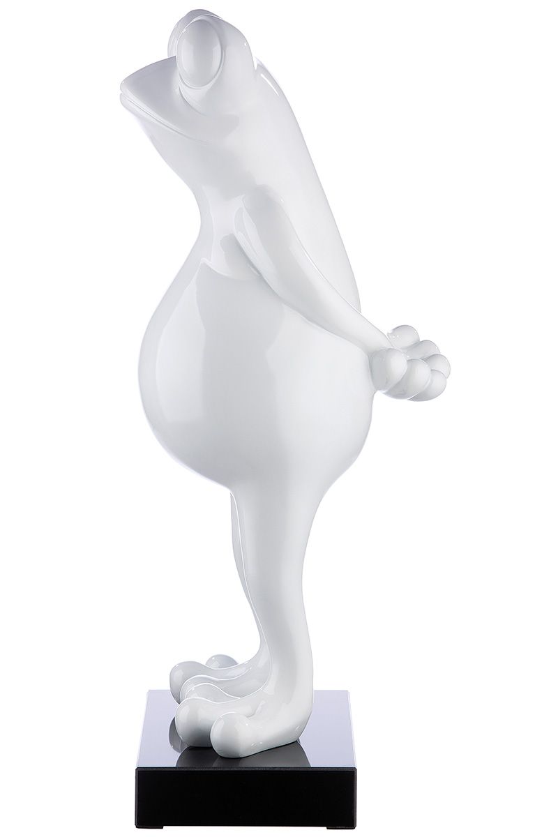 Poly sculpture frog 'Frog' in white metallic on a black marble base