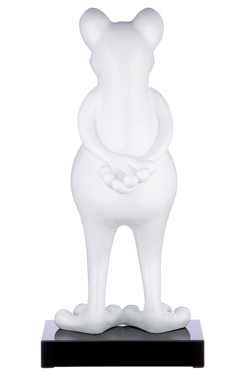 Poly sculpture frog 'Frog' in white metallic on a black marble base