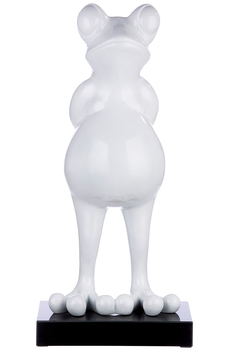 Poly sculpture frog 'Frog' in white metallic on a black marble base