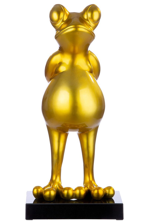 Poly Skulptur Frosch 'Frog' in goldfarbenem Metallic auf schwarzem Marmorsockel