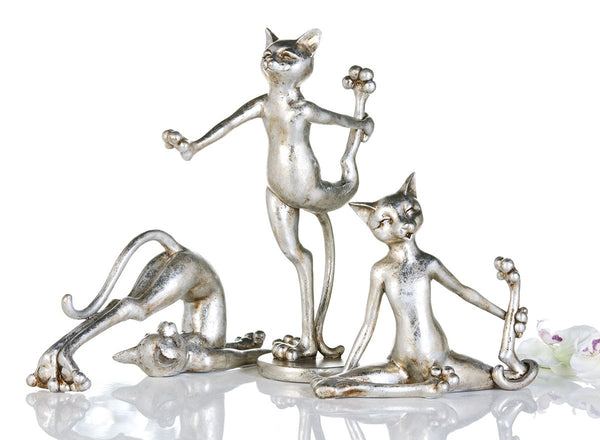 3 delen Beeldjes Cat Aerobics in polyzilver antieke afwerking
