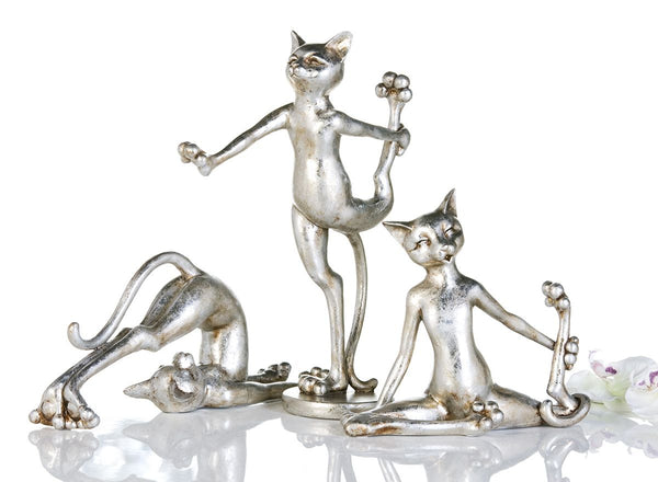 3tlg. Figuren Katze Cat Aerobic aus Poly silber antikfinish