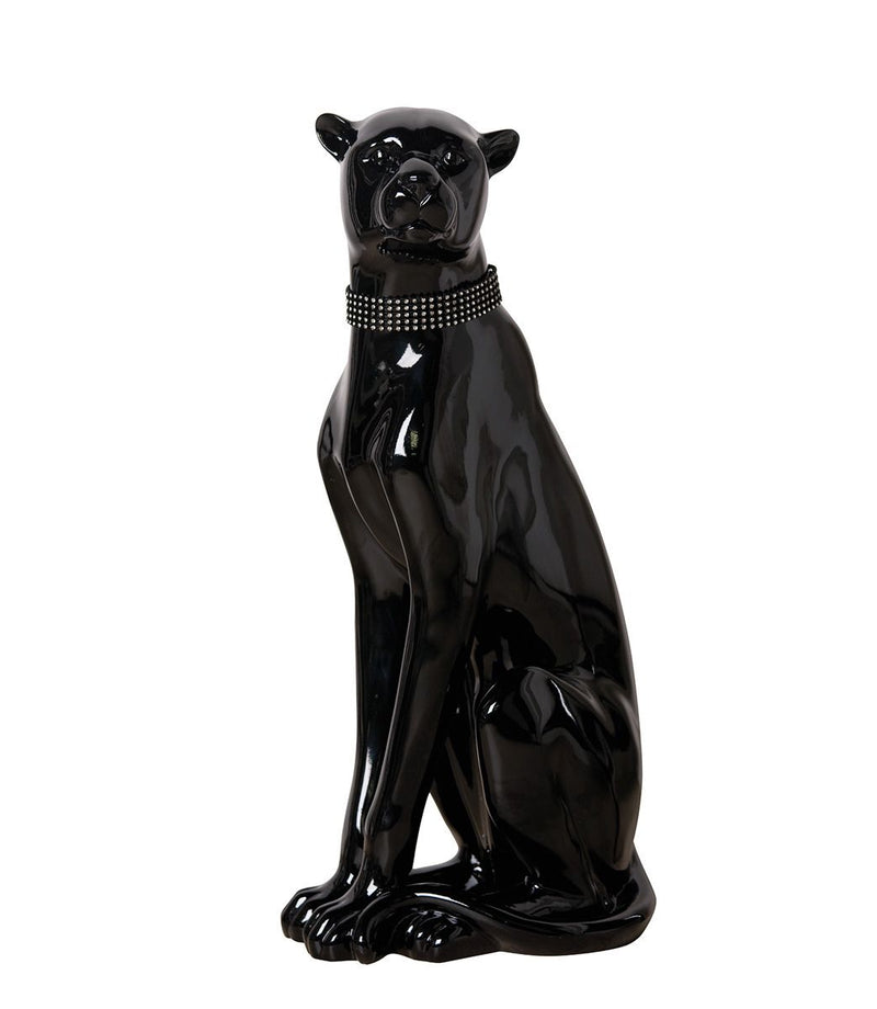 Poly figure "Panther" sitting black, with shiny diamond collar decoration luxury decoration height 60cm