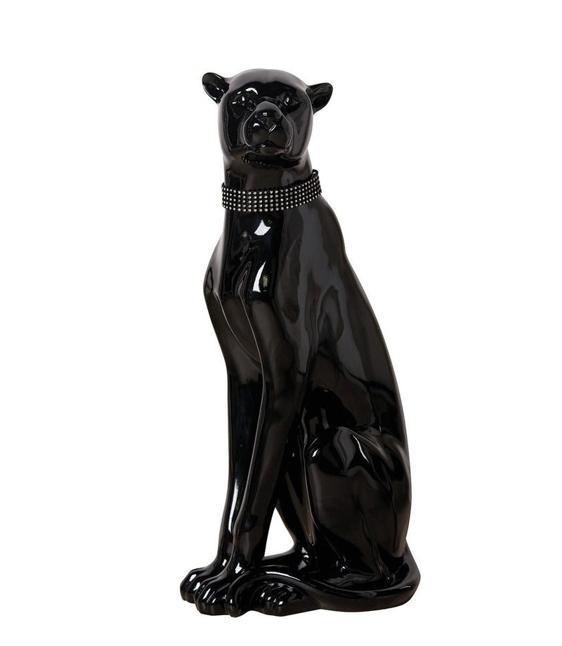 Poly Figur " Panther " sitzend schwarz, mit Diamanthalsband glänzend Dekoration Luxus Deko Höhe 60cm