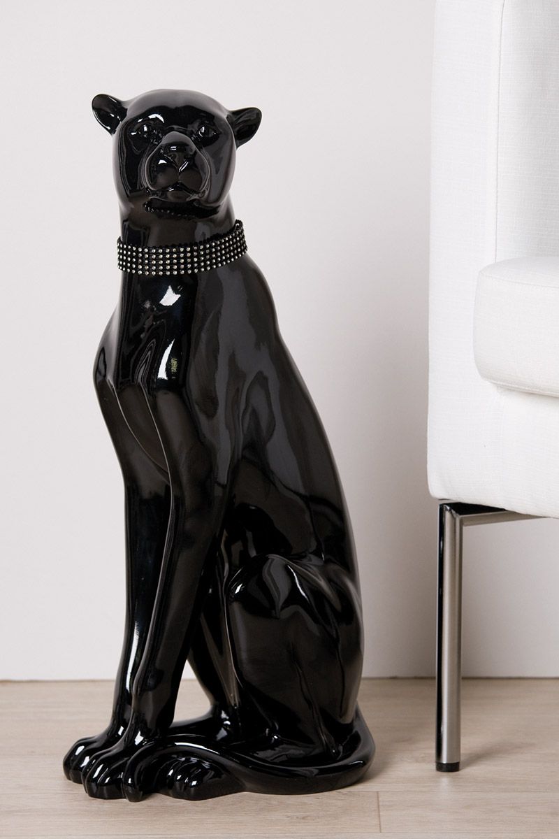 Poly Figur " Panther " sitzend schwarz, mit Diamanthalsband glänzend Dekoration Luxus Deko Höhe 60cm