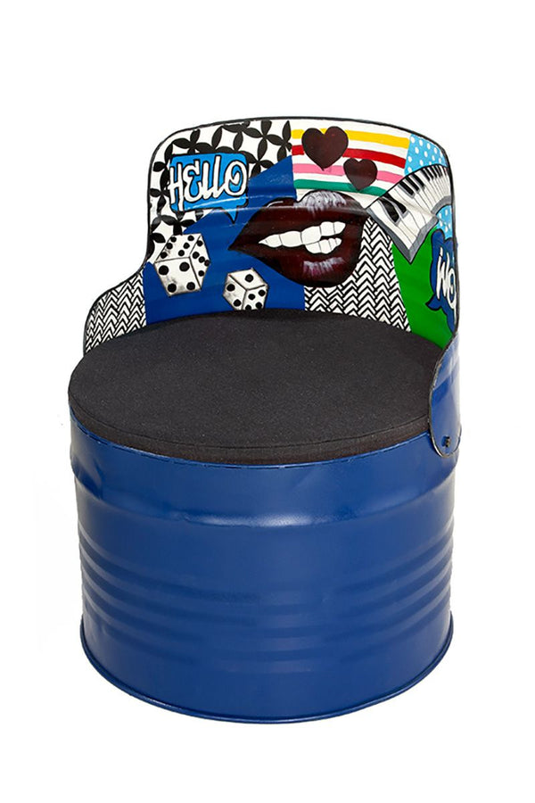 Barrel zitting 'Street Art' blauwe of rode stoelkruk van metaal rugleuning met graffiti design zitkussen hoogte 72cm