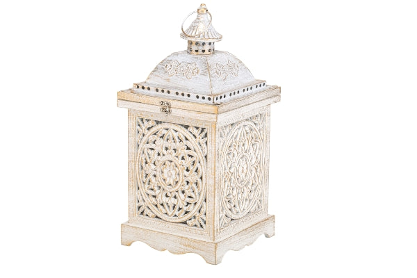 Houten lantaarn in antiek goud - Elegante kandelaars, rustieke decoratie, binnen/buiten, 43 cm hoog