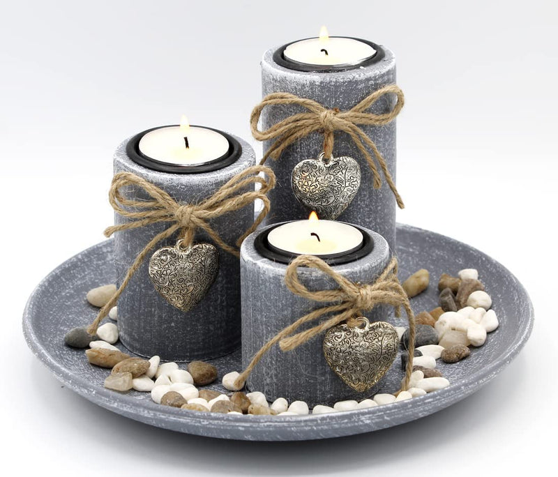 Runde Dekoschale aus Holz mit 3 Kerzenhaltern und Dekosteinen - MF: Stilvolles Accessoire für gemütliches Ambiente