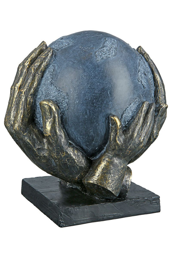 Sculpture Save the World on a black base 3 hands on a globe with a slogan