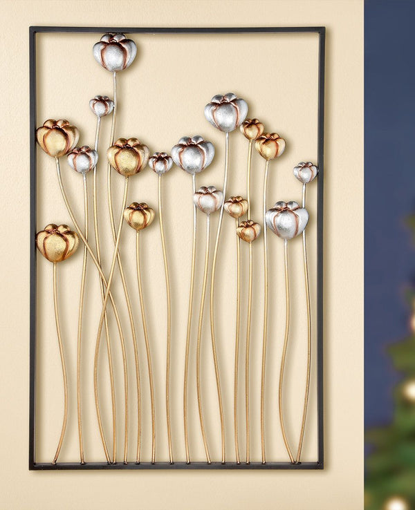 Set of 2 Gilde wall relief flower antique silver/gold, handmade &amp; stable, 60x90cm
