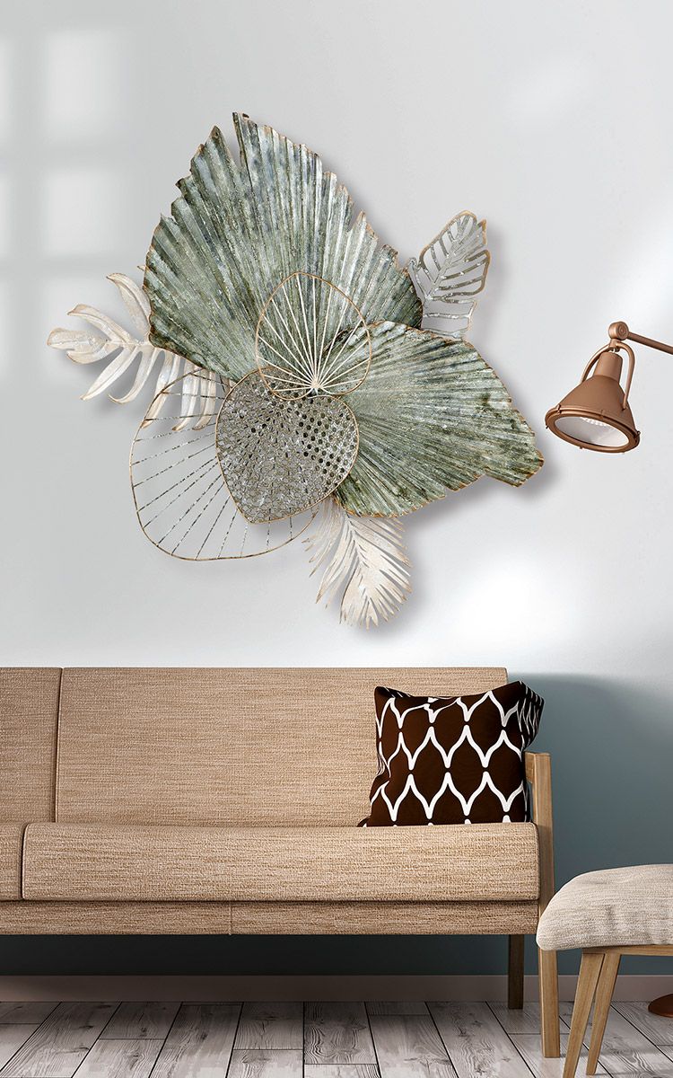 3D Metall Wandrelief "Blätter" Wandschmuck Dekoration Höhe 75cm Antik grün/creme/grau/goldfarben
