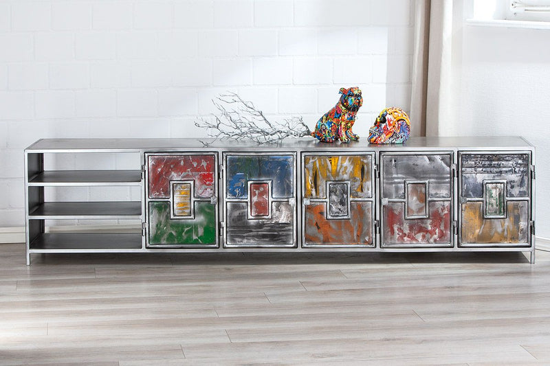 Metal Lowboard "PopArt" - Handcrafted street art design with colorful compartments and open shelves