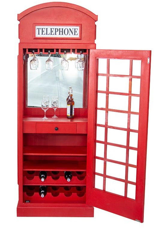 Houten Wijnrek "Telephone Booth" - Rood, Engels geïnspireerd ontwerp voor 10 flessen en glazen houder