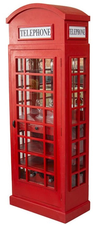 Houten Wijnrek "Telephone Booth" - Rood, Engels geïnspireerd ontwerp voor 10 flessen en glazen houder