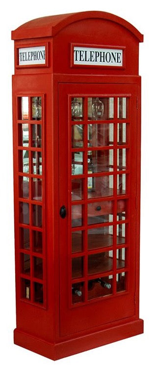 Houten Wijnrek "Telephone Booth" - Rood, Engels geïnspireerd ontwerp voor 10 flessen en glazen houder