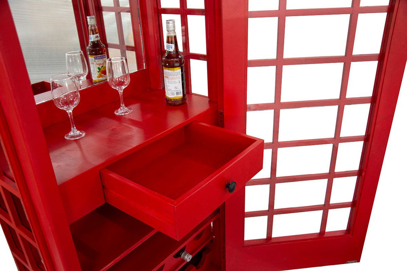 Houten Wijnrek "Telephone Booth" - Rood, Engels geïnspireerd ontwerp voor 10 flessen en glazen houder