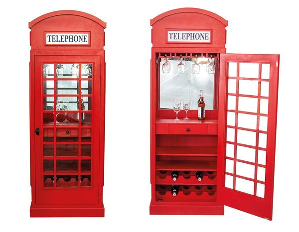 Wooden Wine Rack "Telephone Booth" - Red, English inspired design for 10 bottles and glass holder