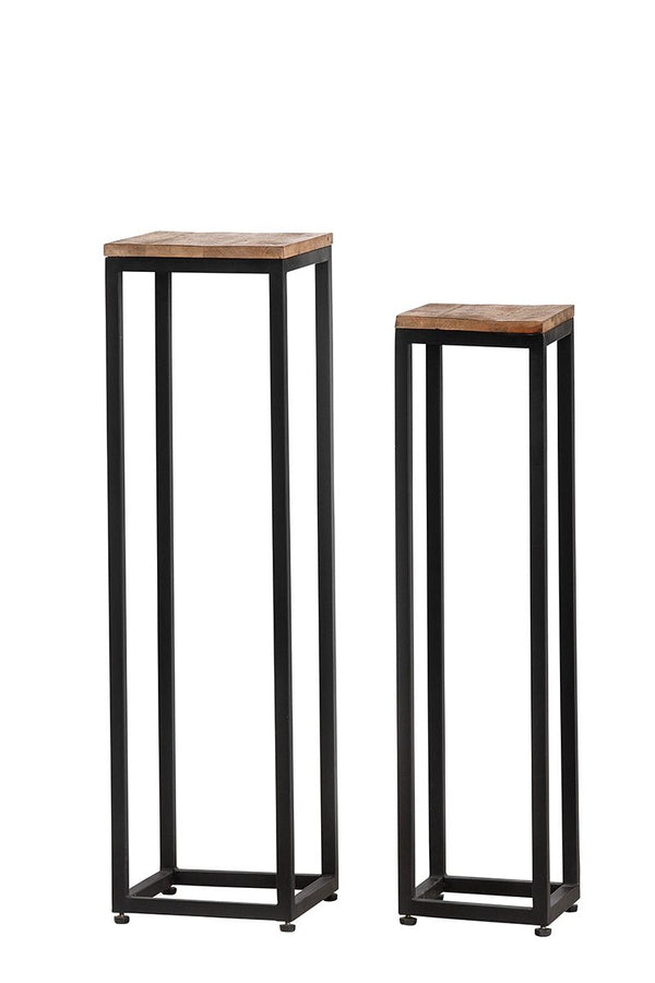 2er Set Metall Dekosäulen mit braunen Tischplatten aus Mangoholz - Handgefertigt und Rustikal