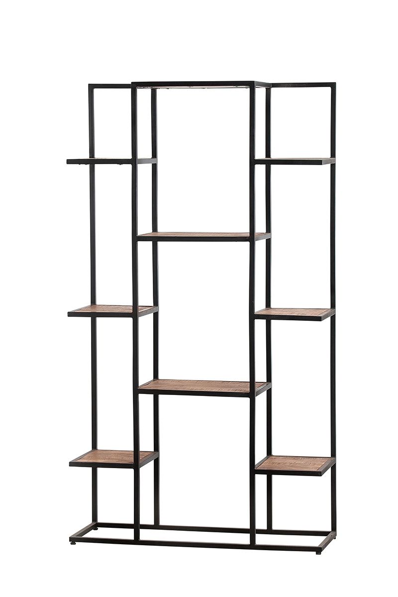 Timeless metal tiered shelving unit with handcrafted brown mango wood tops
