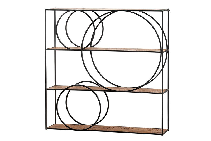 Metal shelf Black Circle with mango wood panels - handmade Height 120cm